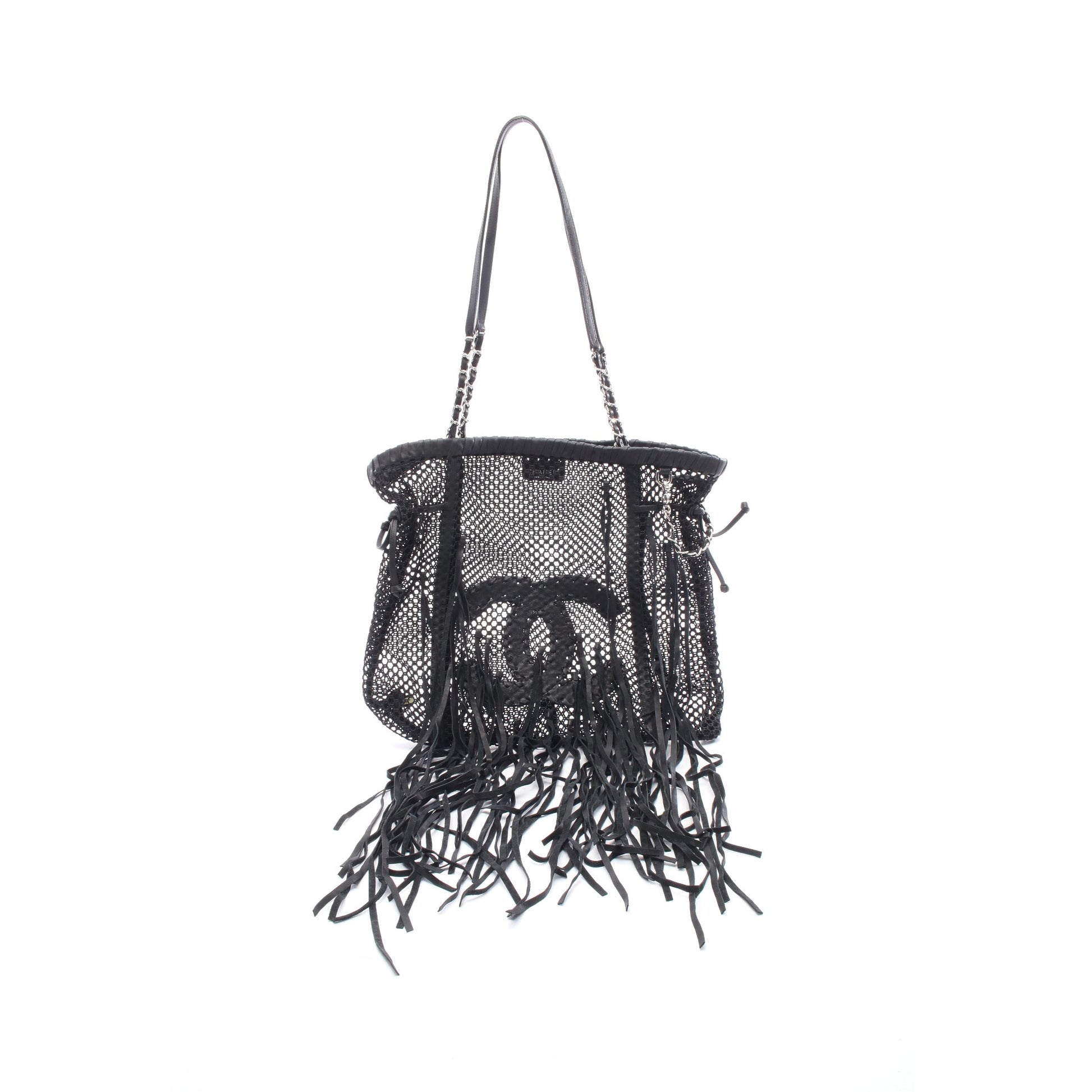 ココマーク チェーンショルダーバッグ メッシュ レザー ブラック シルバー金具 フリンジ シャネル バッグ CHANEL