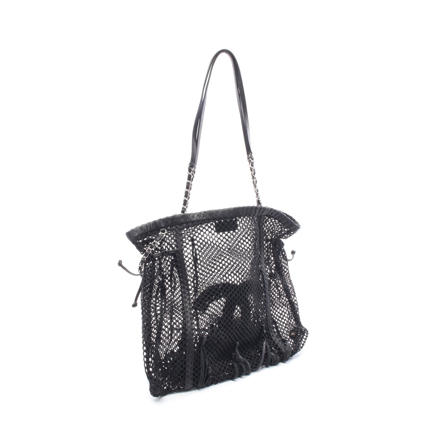 ココマーク チェーンショルダーバッグ メッシュ レザー ブラック シルバー金具 フリンジ シャネル バッグ CHANEL