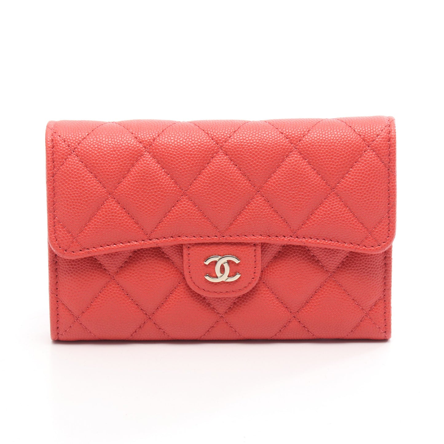マトラッセ 三つ折り長財布 キャビアスキン ピンクレッド シルバー金具 シャネル 財布・小物 CHANEL