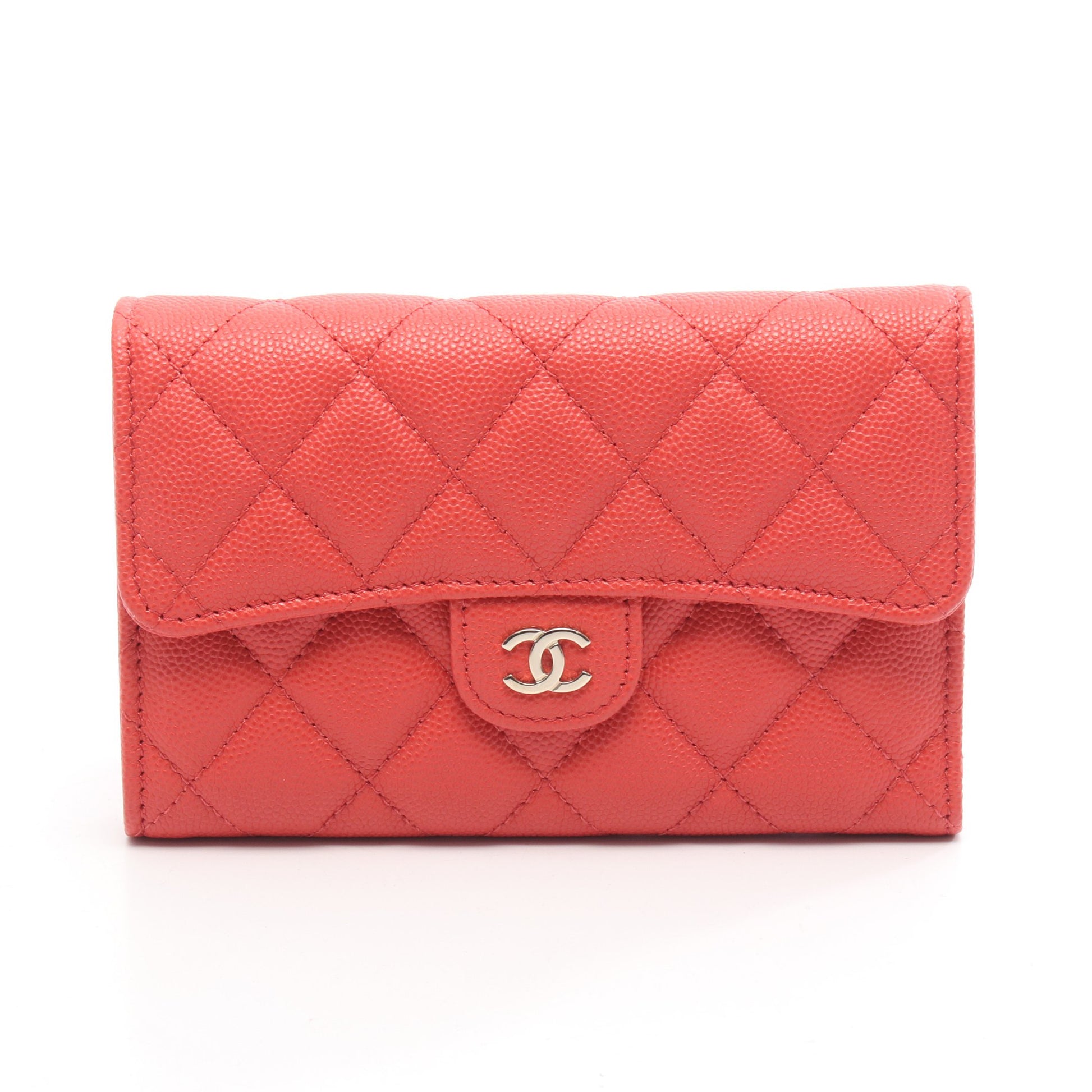 マトラッセ 三つ折り長財布 キャビアスキン ピンクレッド シルバー金具 シャネル 財布・小物 CHANEL
