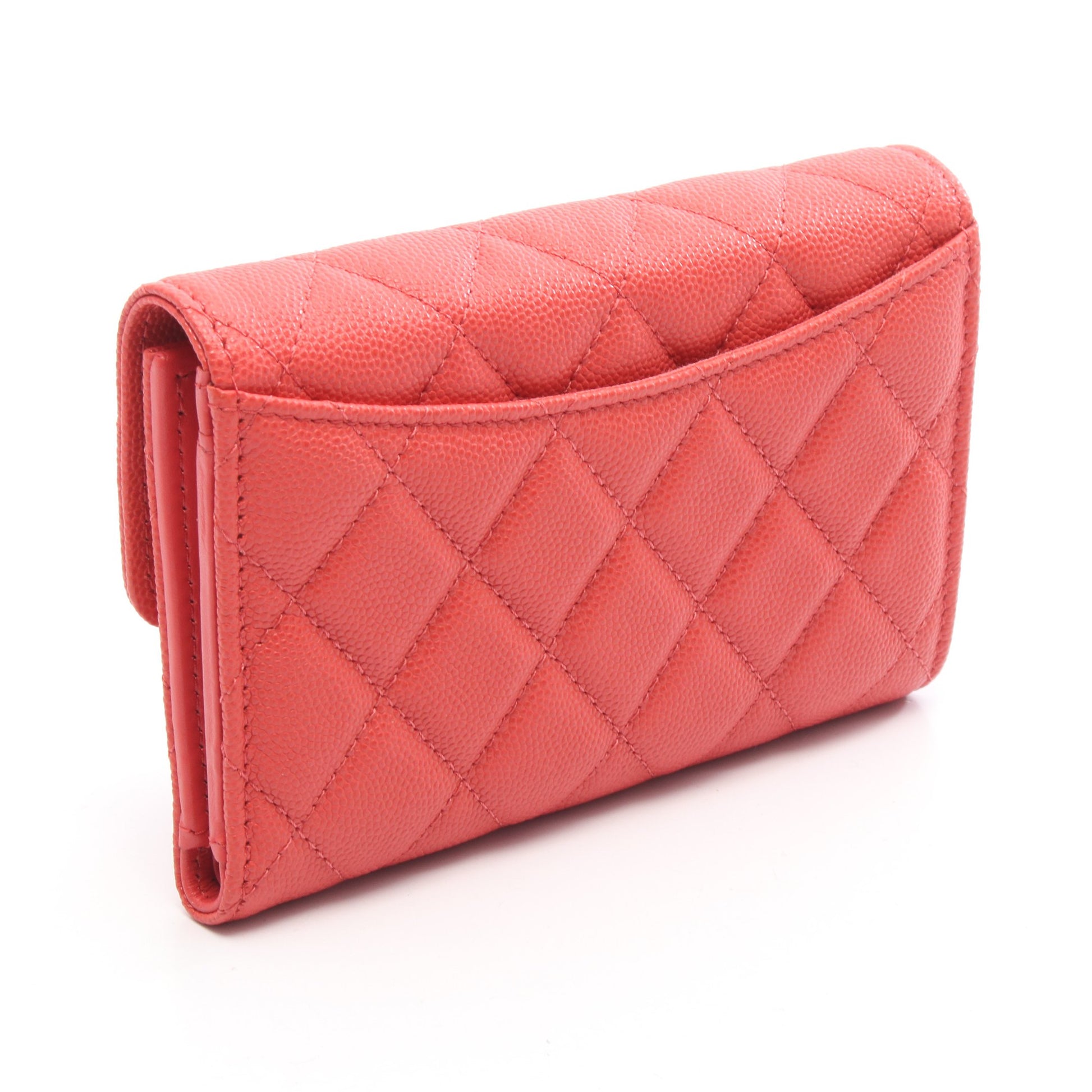 マトラッセ 三つ折り長財布 キャビアスキン ピンクレッド シルバー金具 シャネル 財布・小物 CHANEL