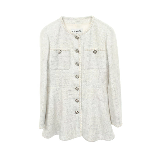 ココマークボタン ツイード ノーカラージャケット コットン オフホワイト シルバー シャネル