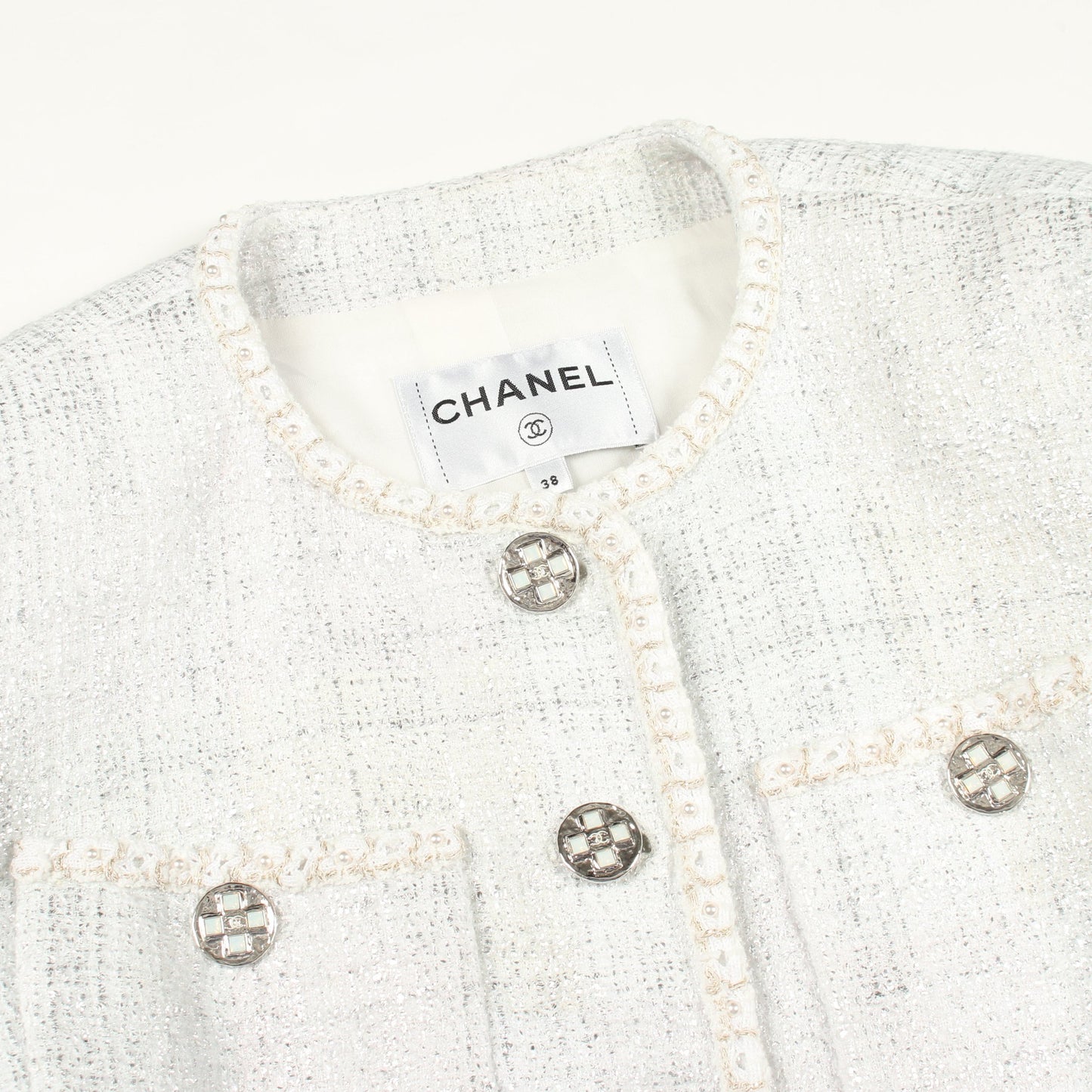 ココマークボタン ツイード ノーカラージャケット コットン オフホワイト シルバー シャネル アウター CHANEL