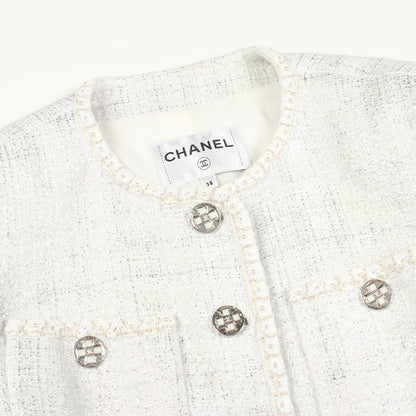 ココマークボタン ツイード ノーカラージャケット コットン オフホワイト シルバー シャネル アウター CHANEL