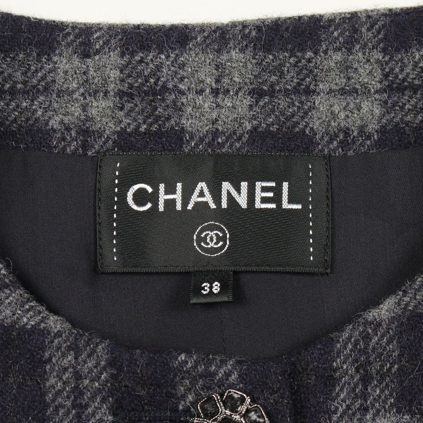 ココマークボタン ワンピース チェック ウール ネイビー グレー シャネル ワンピース CHANEL