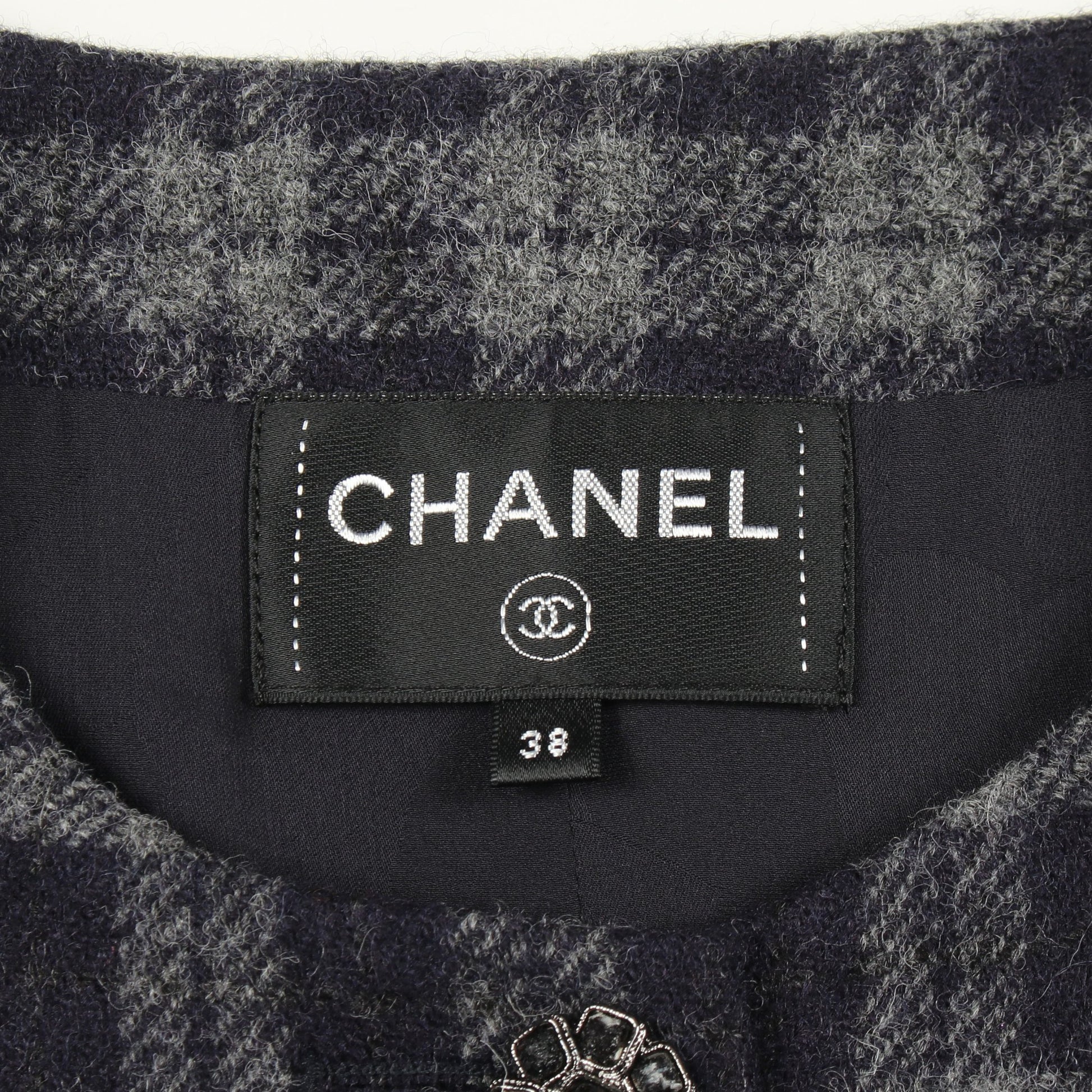 ココマークボタン ワンピース チェック ウール ネイビー グレー シャネル ワンピース CHANEL