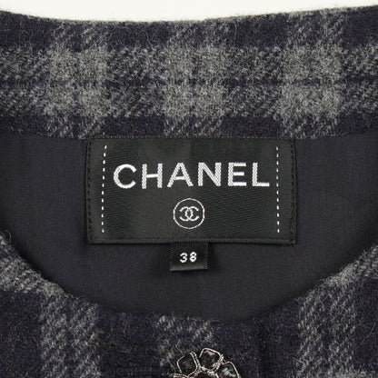 ココマークボタン ワンピース チェック ウール ネイビー グレー シャネル ワンピース CHANEL