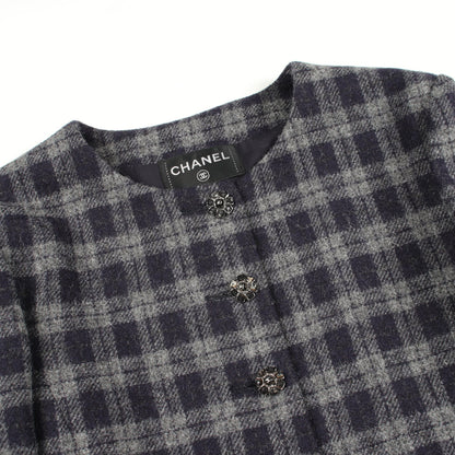 ココマークボタン ワンピース チェック ウール ネイビー グレー シャネル ワンピース CHANEL
