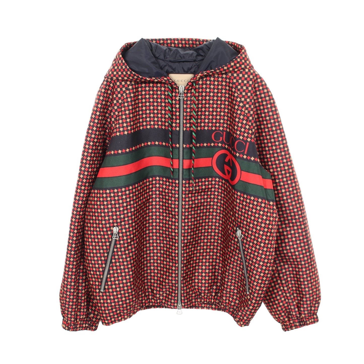 インターロッキングG シェリーライン ジャケット 総柄 ナイロン レッド マルチカラー 中綿 フード付き グッチ アウター GUCCI