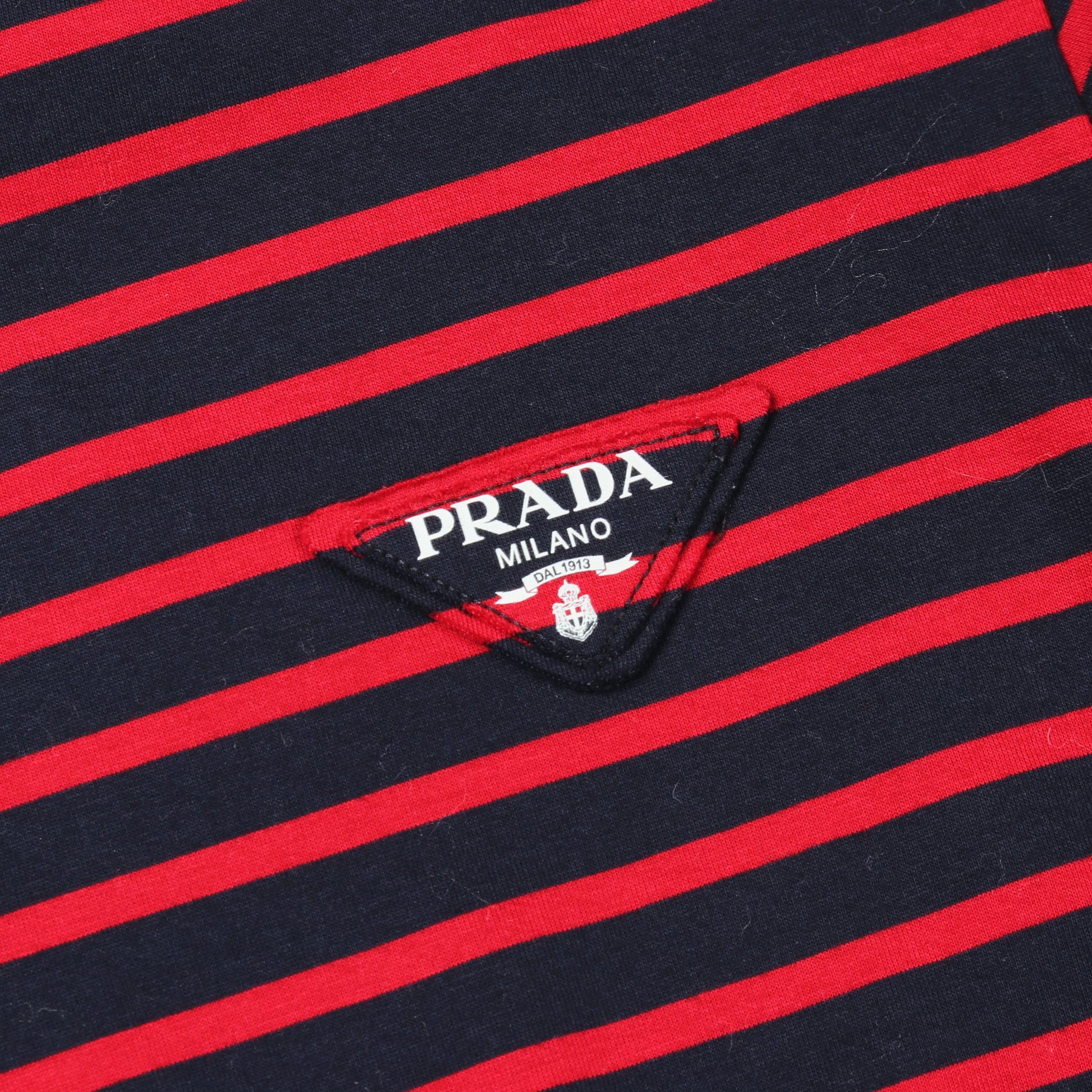 トライアングルロゴ 長袖Tシャツ クルーネック ボーダー コットン ネイビー レッド プラダ トップス PRADA