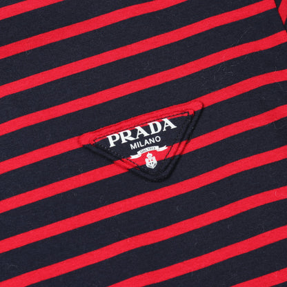 トライアングルロゴ 長袖Tシャツ クルーネック ボーダー コットン ネイビー レッド プラダ トップス PRADA