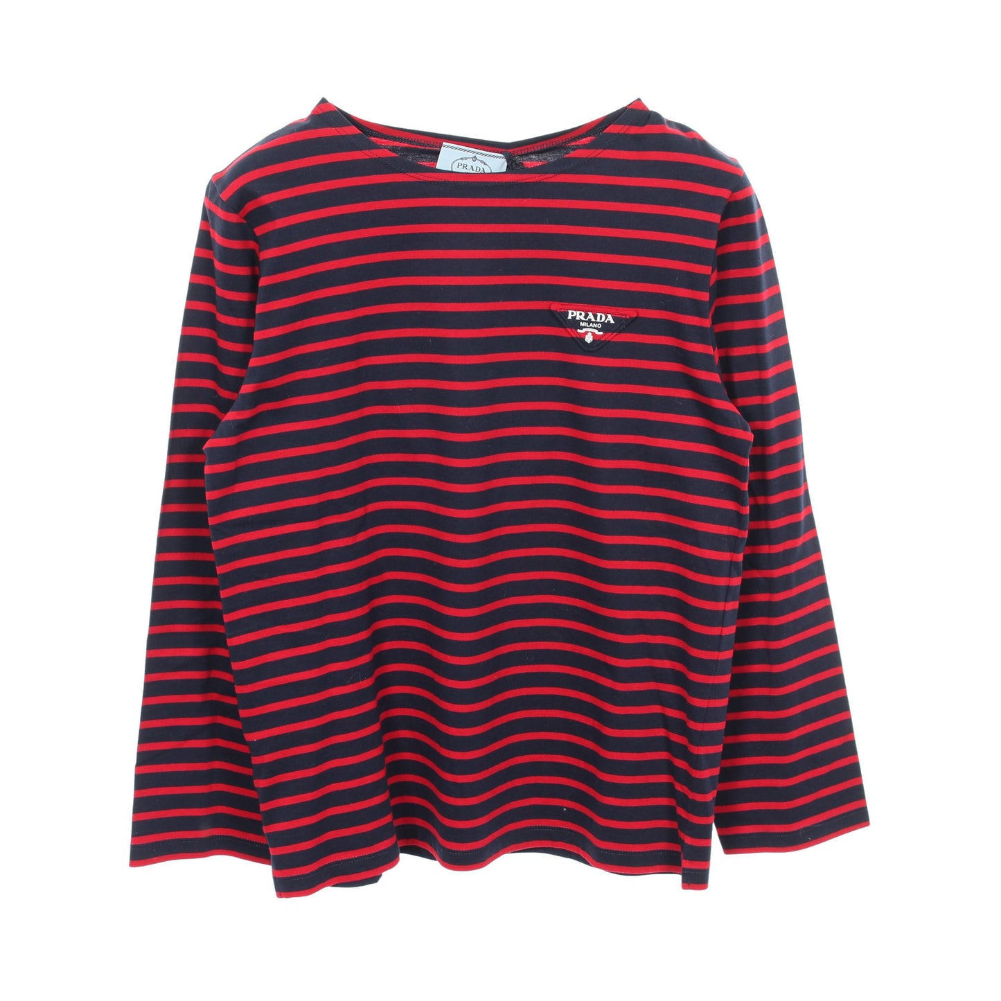 トライアングルロゴ 長袖Tシャツ クルーネック ボーダー コットン ネイビー レッド プラダ トップス PRADA
