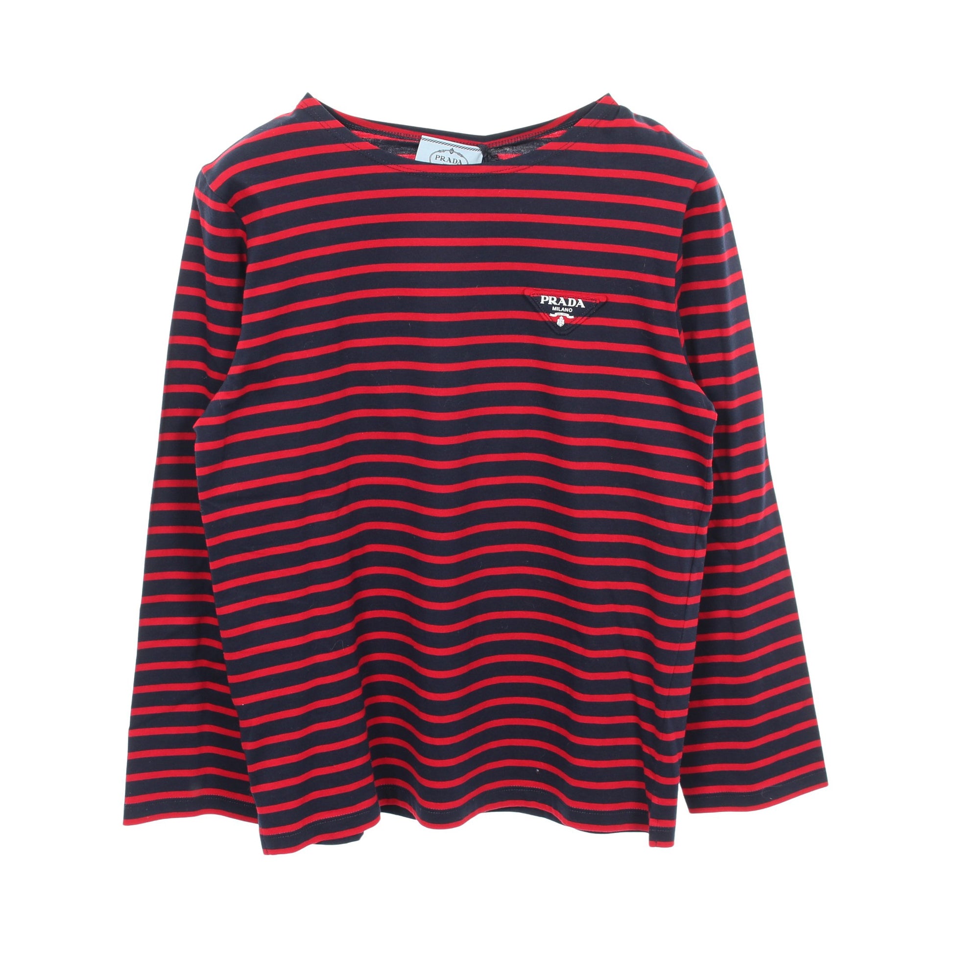 トライアングルロゴ 長袖Tシャツ クルーネック ボーダー コットン ネイビー レッド プラダ トップス PRADA