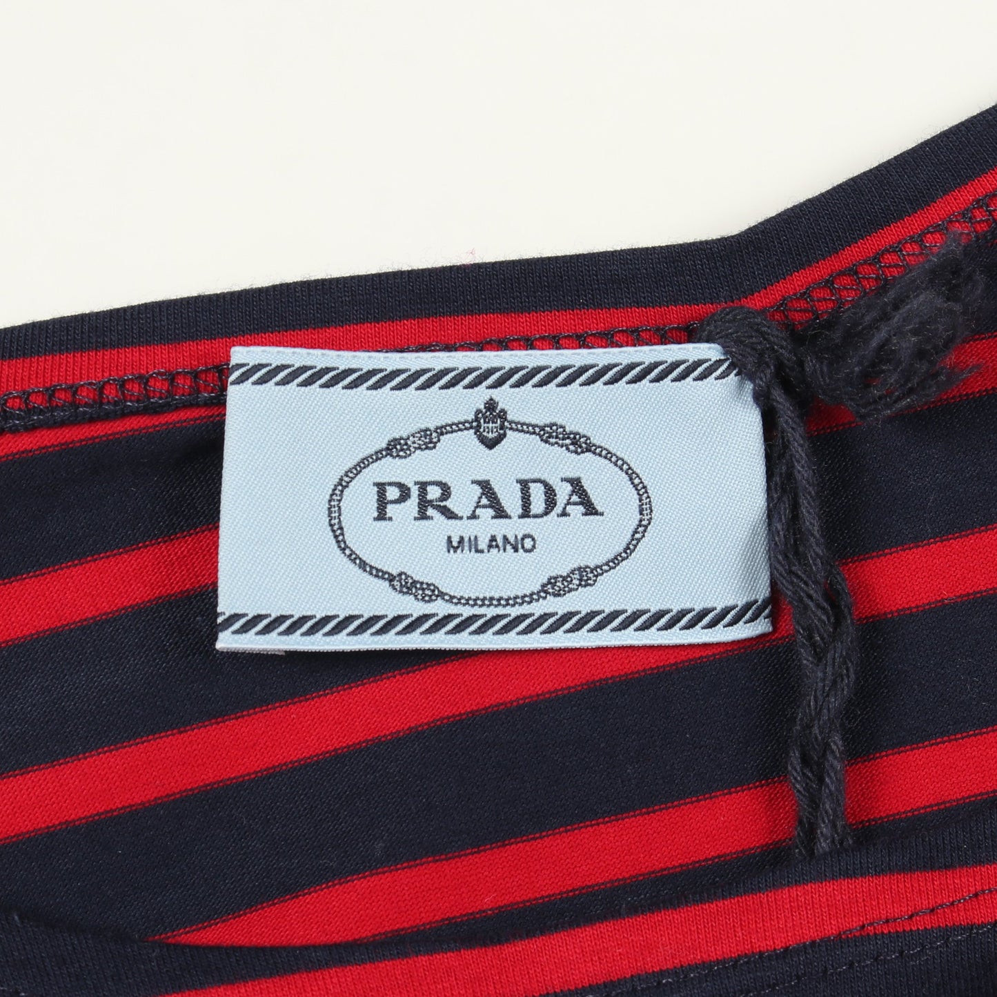 トライアングルロゴ 長袖Tシャツ クルーネック ボーダー コットン ネイビー レッド プラダ トップス PRADA
