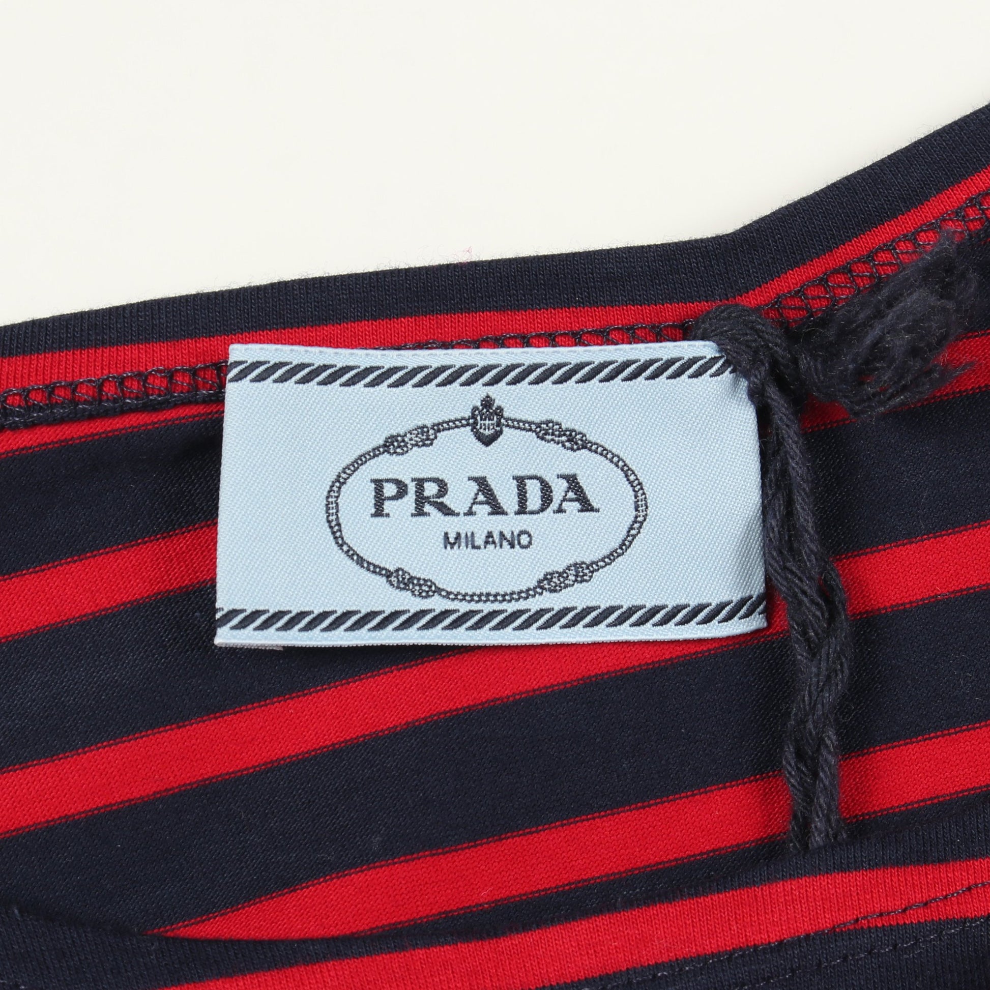 トライアングルロゴ 長袖Tシャツ クルーネック ボーダー コットン ネイビー レッド プラダ トップス PRADA