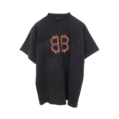 BBロゴ 半袖Tシャツ コットン ブラック ダメージ加工 ユーズド加工 バレンシアガ トップス BALENCIAGA