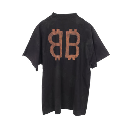 BBロゴ 半袖Tシャツ コットン ブラック ダメージ加工 ユーズド加工 バレンシアガ トップス BALENCIAGA