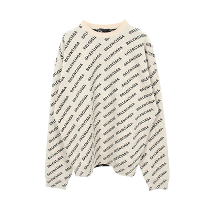 ニット クルーネック ロゴ総柄 コットン ウール オフホワイト ブラック バレンシアガ トップス BALENCIAGA