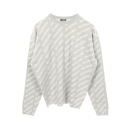 オールオーバーロゴ ニット クルーネック コットン ウール ライトグレー バレンシアガ トップス BALENCIAGA