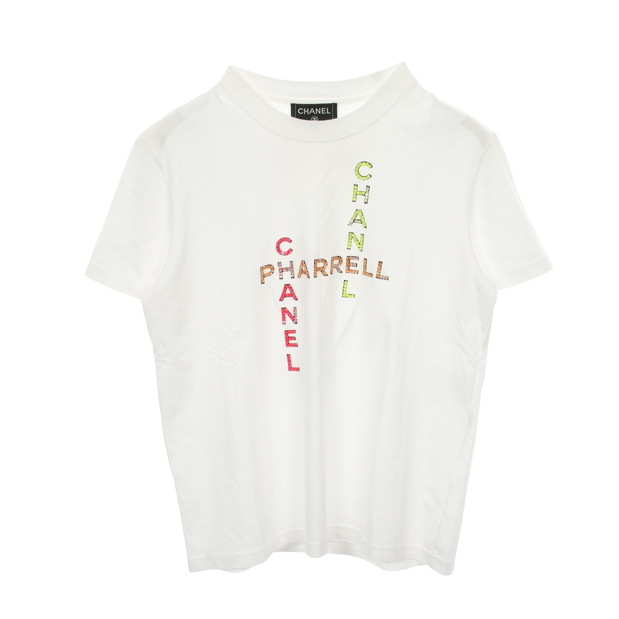 極美品 CHANEL シャネル ファレル・ウィリアムス 19SS P61052 スパンコールロゴ 半袖Ｔシャツ ブラック マルチ M イタリア製 正規品 レディース CHANEL × Pharrell Williams ロゴ 半袖Tシャツ コットン ホワイト