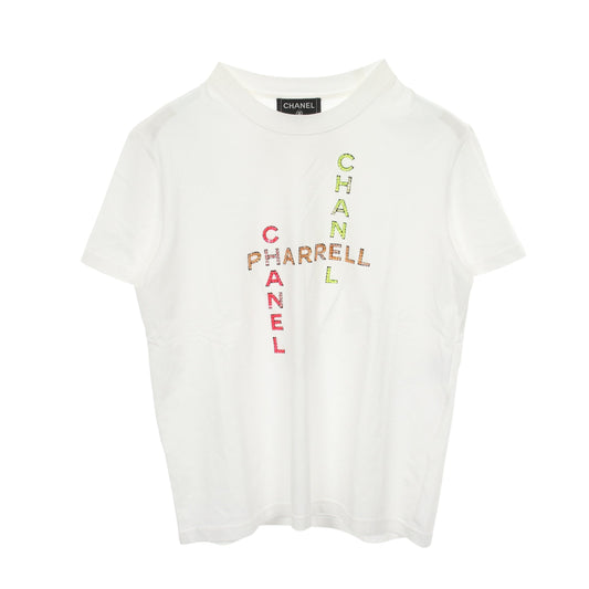 CHANEL × Pharrell Williams ロゴ 半袖Tシャツ コットン ホワイト マルチカラー ビーズ スパンコール シャネル トップス CHANEL