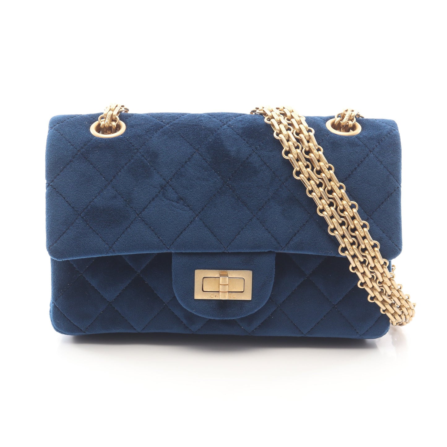 2.55 マトラッセ Wチェーンショルダーバッグ ベルベット ダークブルー ゴールド金具 シャネル バッグ CHANEL