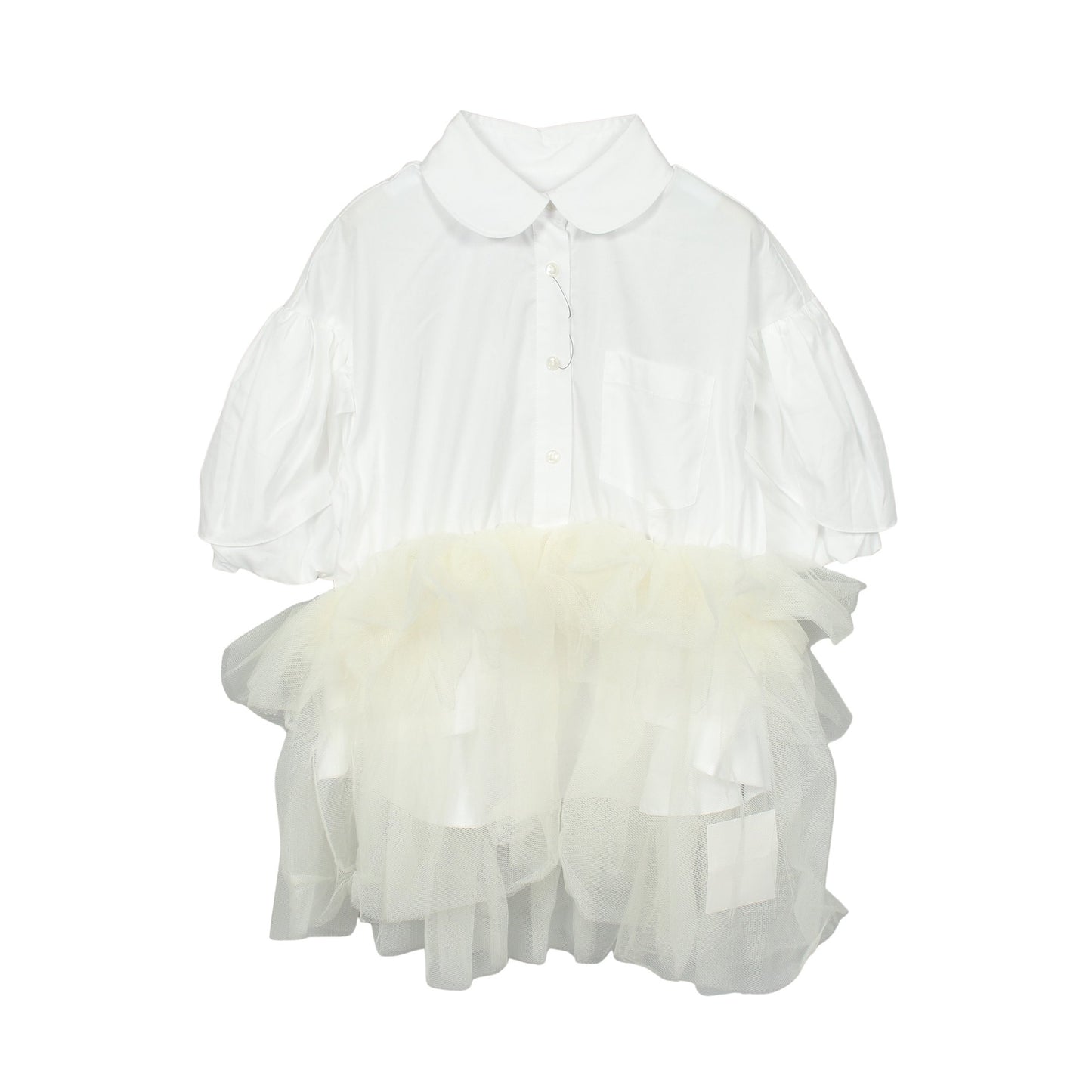 CROPPED PETAL SLEEVE BALLET TUTU HEM SHIRT チュール切替 ブラウス コットン ナイロン ホワイト シモーネロシャ
