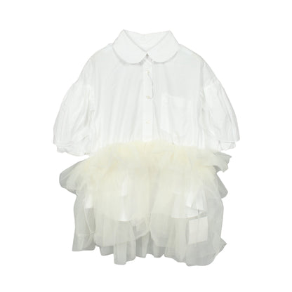 CROPPED PETAL SLEEVE BALLET TUTU HEM SHIRT チュール切替 ブラウス コットン ナイロン ホワイト シモーネロシャ