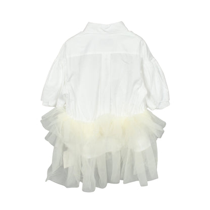 CROPPED PETAL SLEEVE BALLET TUTU HEM SHIRT チュール切替 ブラウス コットン ナイロン ホワイト シモーネロシャ