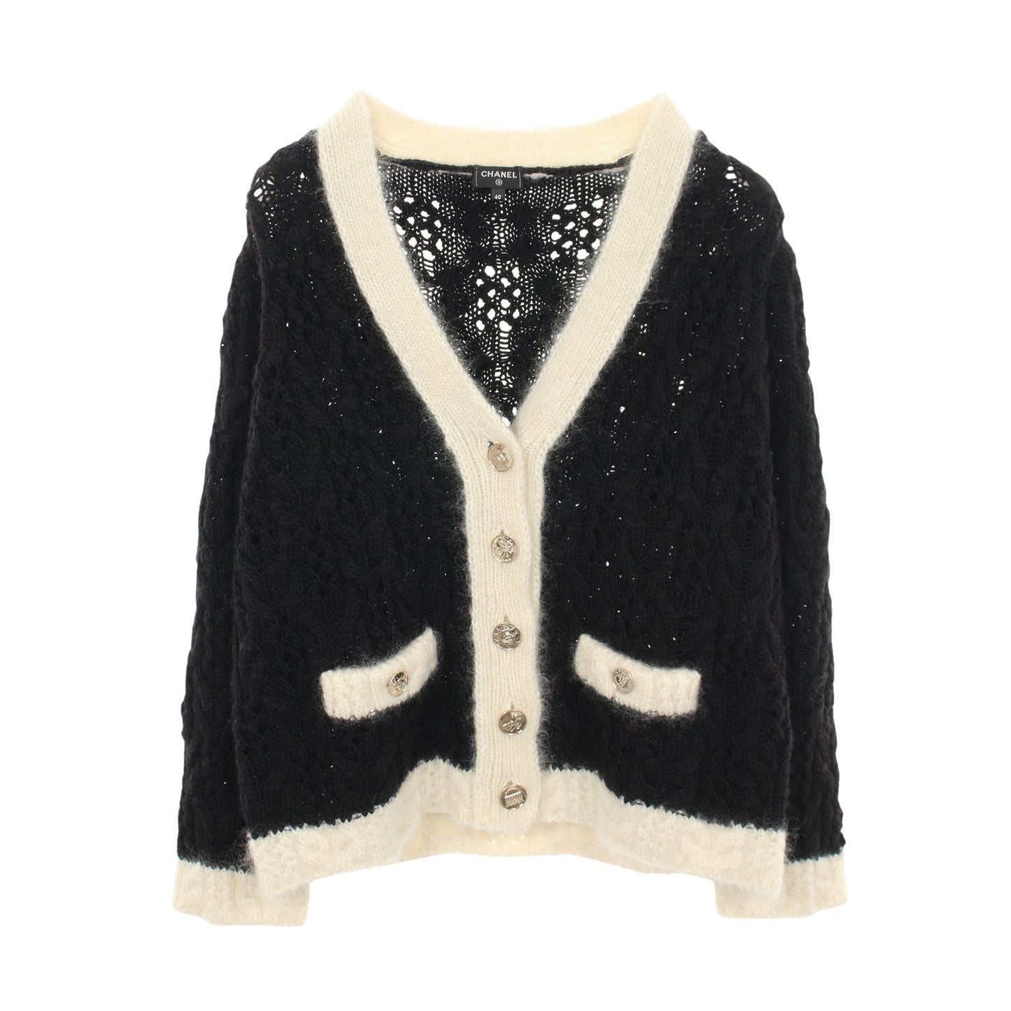 ココマークボタン ケーブルニット カーディガン ウール モヘヤ シルク ブラック ホワイト シャネル トップス CHANEL
