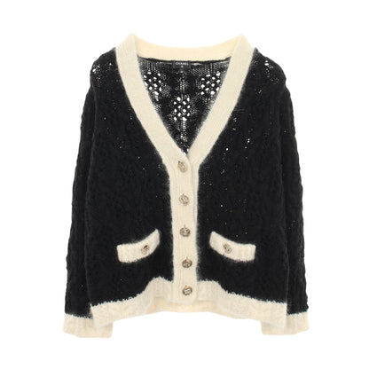 ココマークボタン ケーブルニット カーディガン ウール モヘヤ シルク ブラック ホワイト シャネル トップス CHANEL
