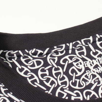 Naoussa Chaine ナウサ シェーヌプリント クルーネック 長袖Tシャツ カットソー コットン ダークネイビー ホワイト エルメス トップス HERMES