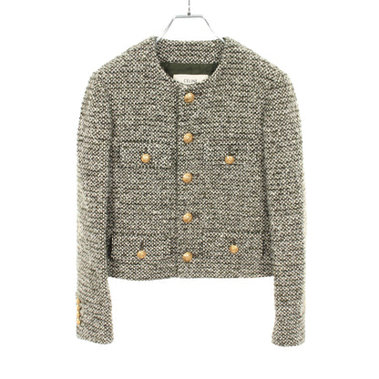 ツイード ノーカラージャケット ウール モヘヤ カーキグリーン セリーヌ アウター CELINE