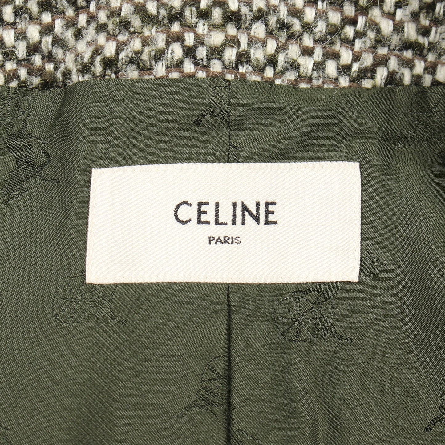 ツイード ノーカラージャケット ウール モヘヤ カーキグリーン セリーヌ アウター CELINE