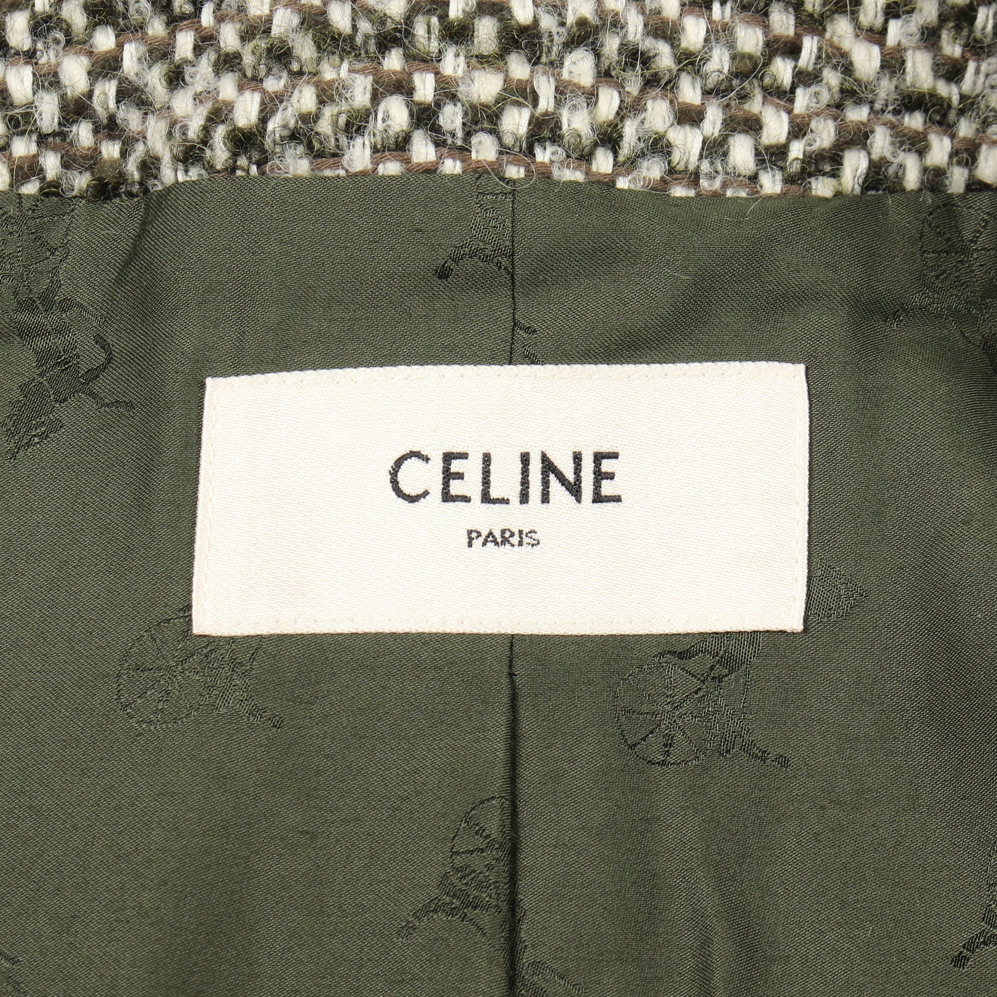ツイード ノーカラージャケット ウール モヘヤ カーキグリーン セリーヌ アウター CELINE