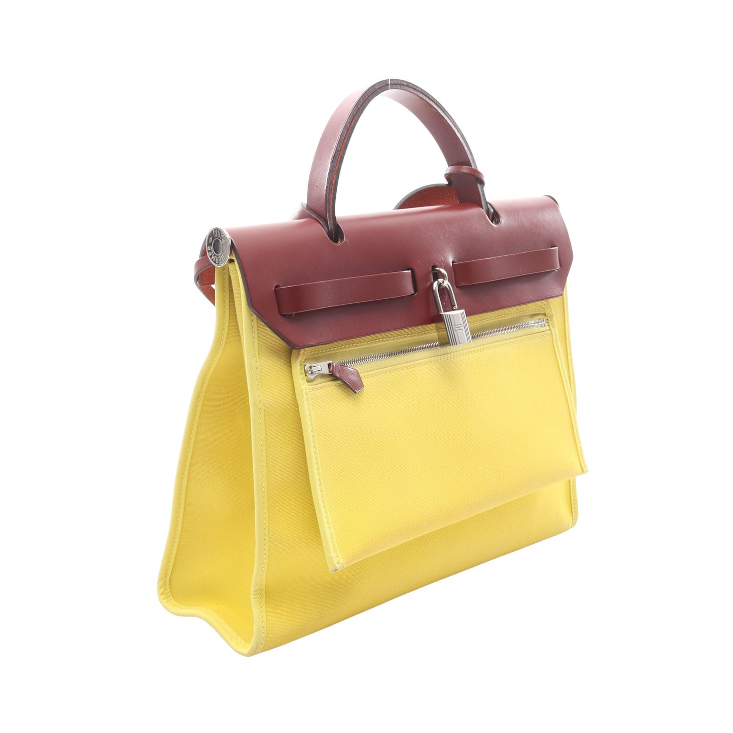 エールバッグジップPM ライム ハンドバッグ トワルオフィシエ ヴァッシュハンター イエロー レッドブラウン シルバー金具 2WAY X刻印 エルメス バッグ HERMES
