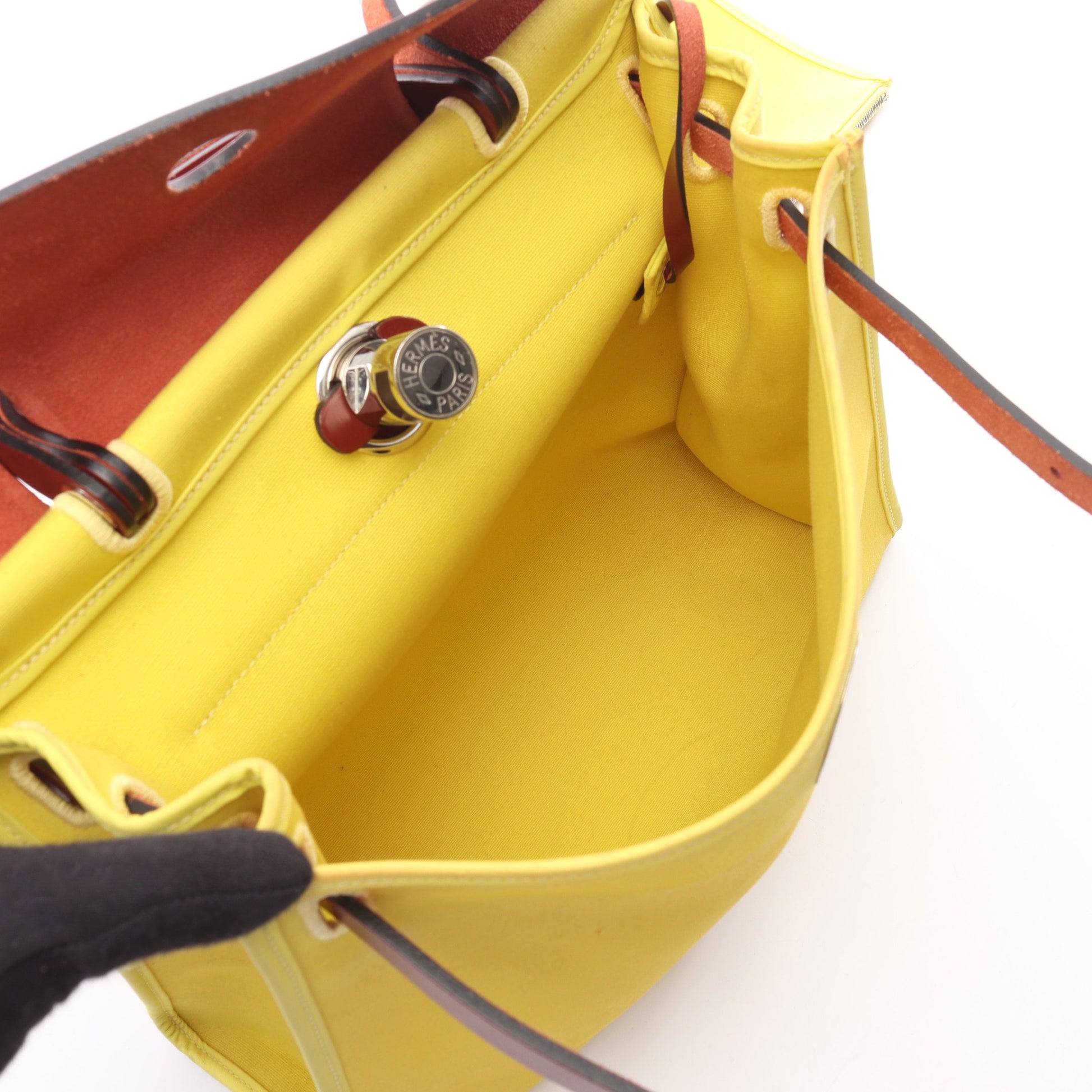 エールバッグジップPM ライム ハンドバッグ トワルオフィシエ ヴァッシュハンター イエロー レッドブラウン シルバー金具 2WAY X刻印 エルメス バッグ HERMES