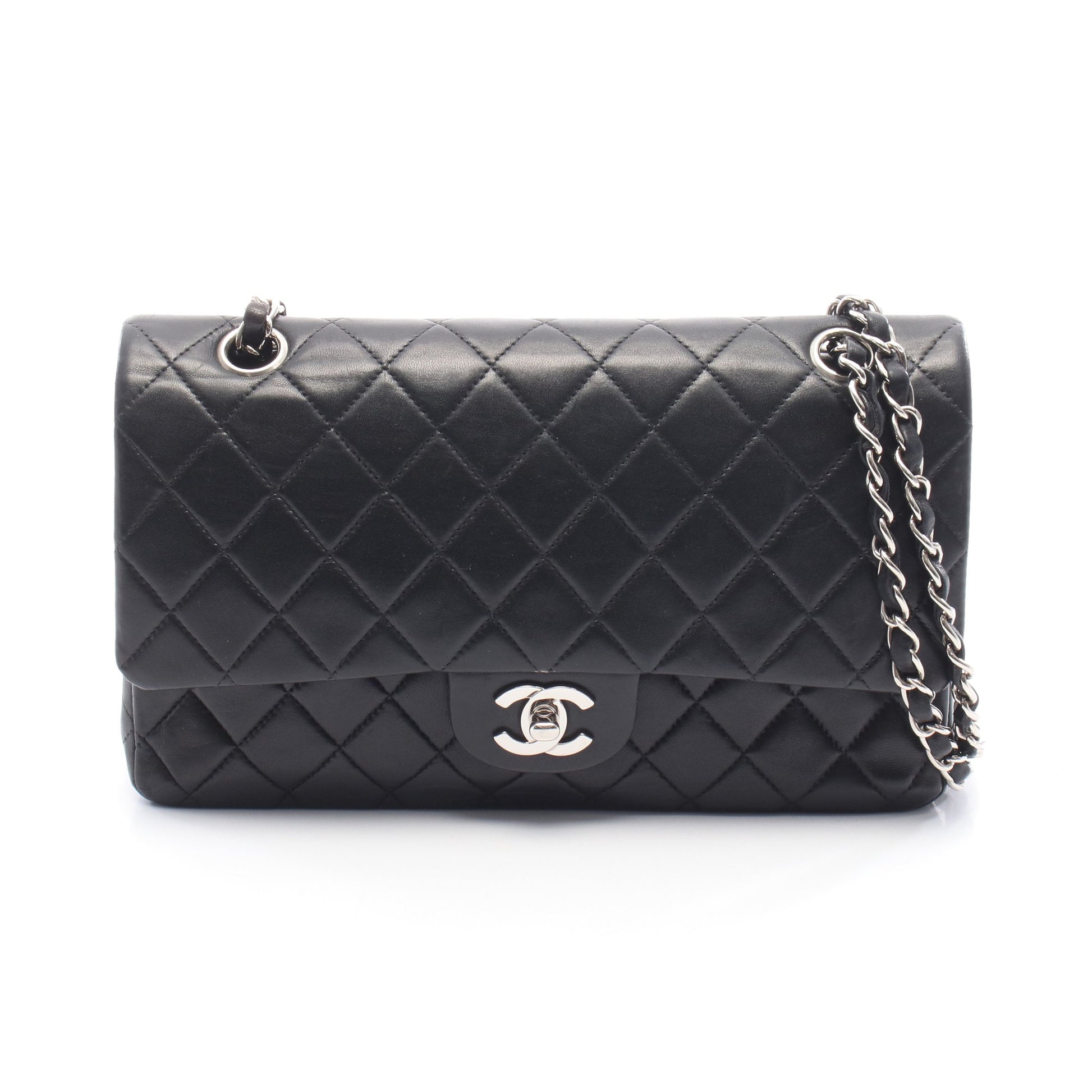 マトラッセ Wフラップ Wチェーンショルダーバッグ ラムスキン ブラック シルバー金具 シャネル バッグ CHANEL