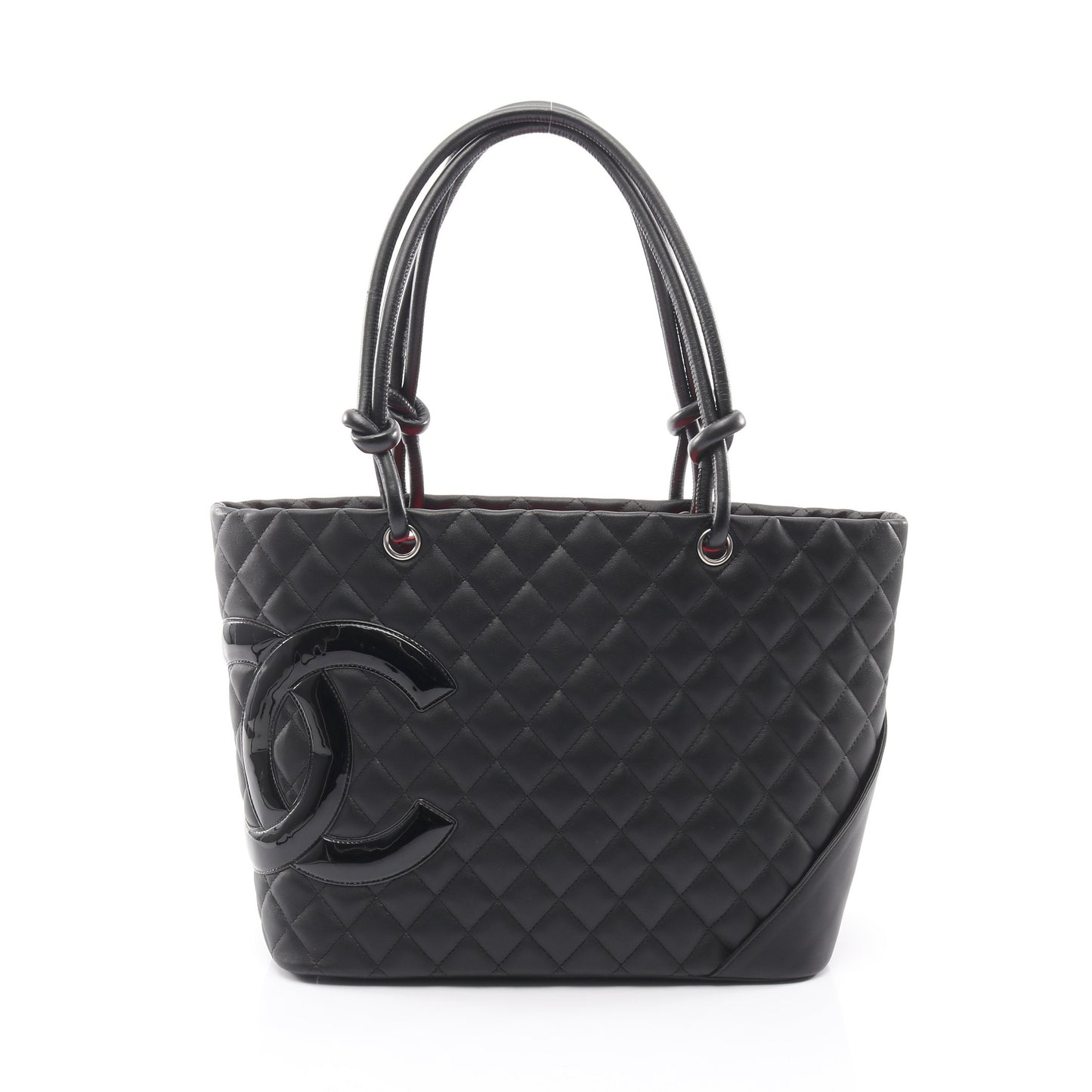 カンボンライン ラージ ショルダーバッグ トートバッグ レザー エナメルレザー ブラック シルバー金具 シャネル バッグ CHANEL