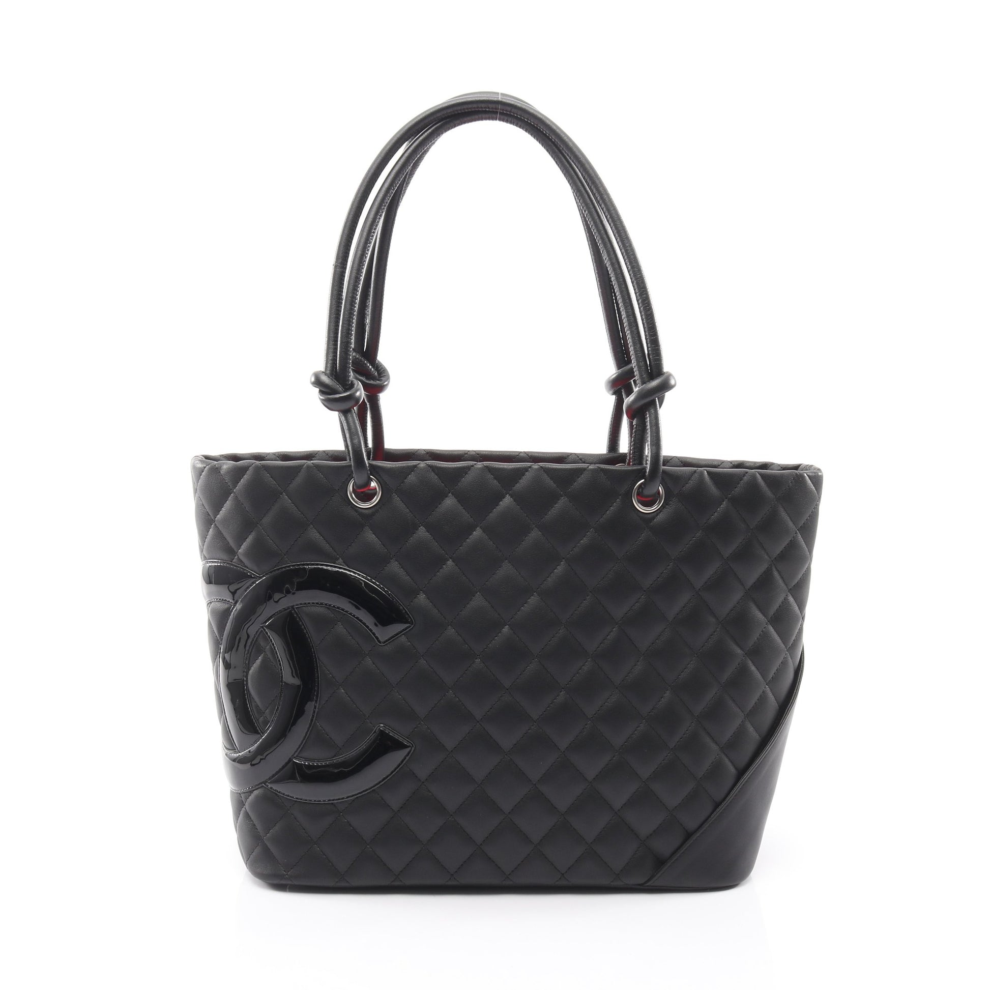 カンボンライン ラージ ショルダーバッグ トートバッグ レザー エナメルレザー ブラック シルバー金具 シャネル バッグ CHANEL