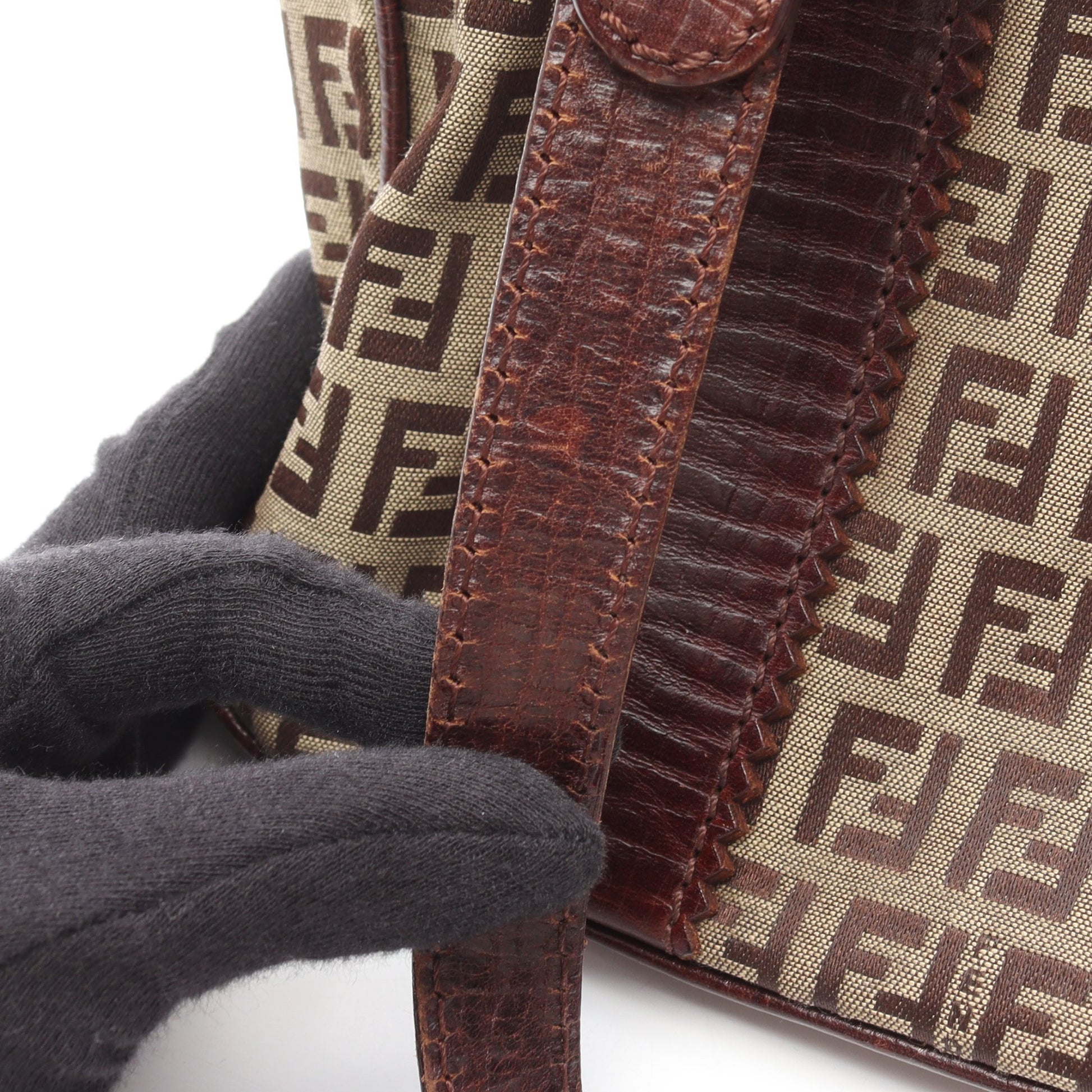 ズッキーノ ハンドバッグ トートバッグ キャンバス レザー ベージュ ダークブラウン フェンディ バッグ FENDI
