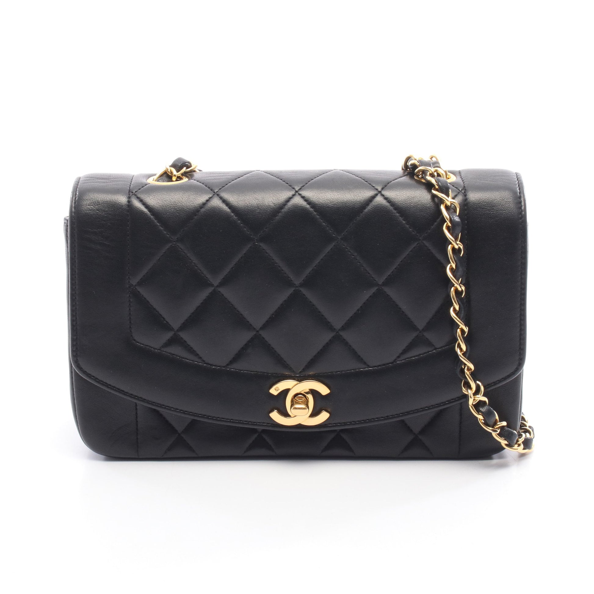 マトラッセ ダイアナフラップ チェーンショルダーバッグ ラムスキン ブラック ゴールド金具 シャネル バッグ CHANEL