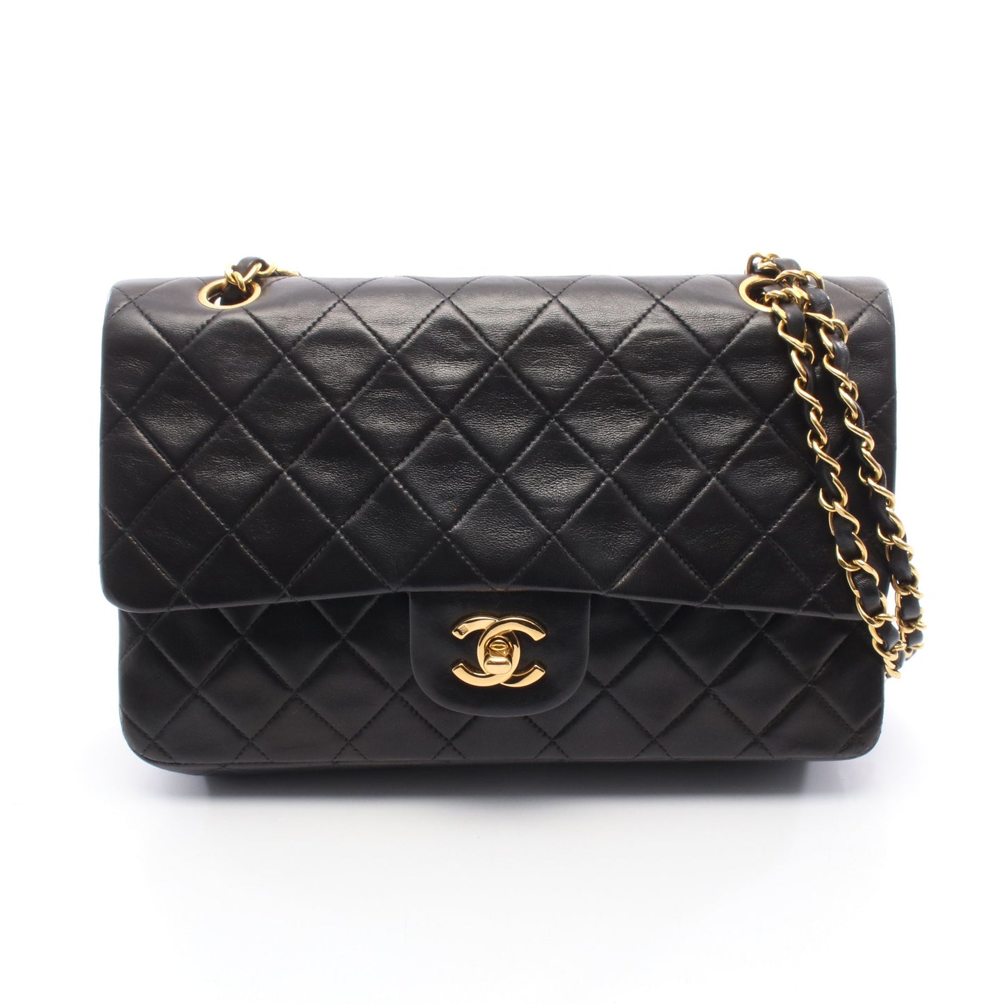 マトラッセ Wフラップ Wチェーンショルダーバッグ ラムスキン ブラック ゴールド金具 シャネル バッグ CHANEL
