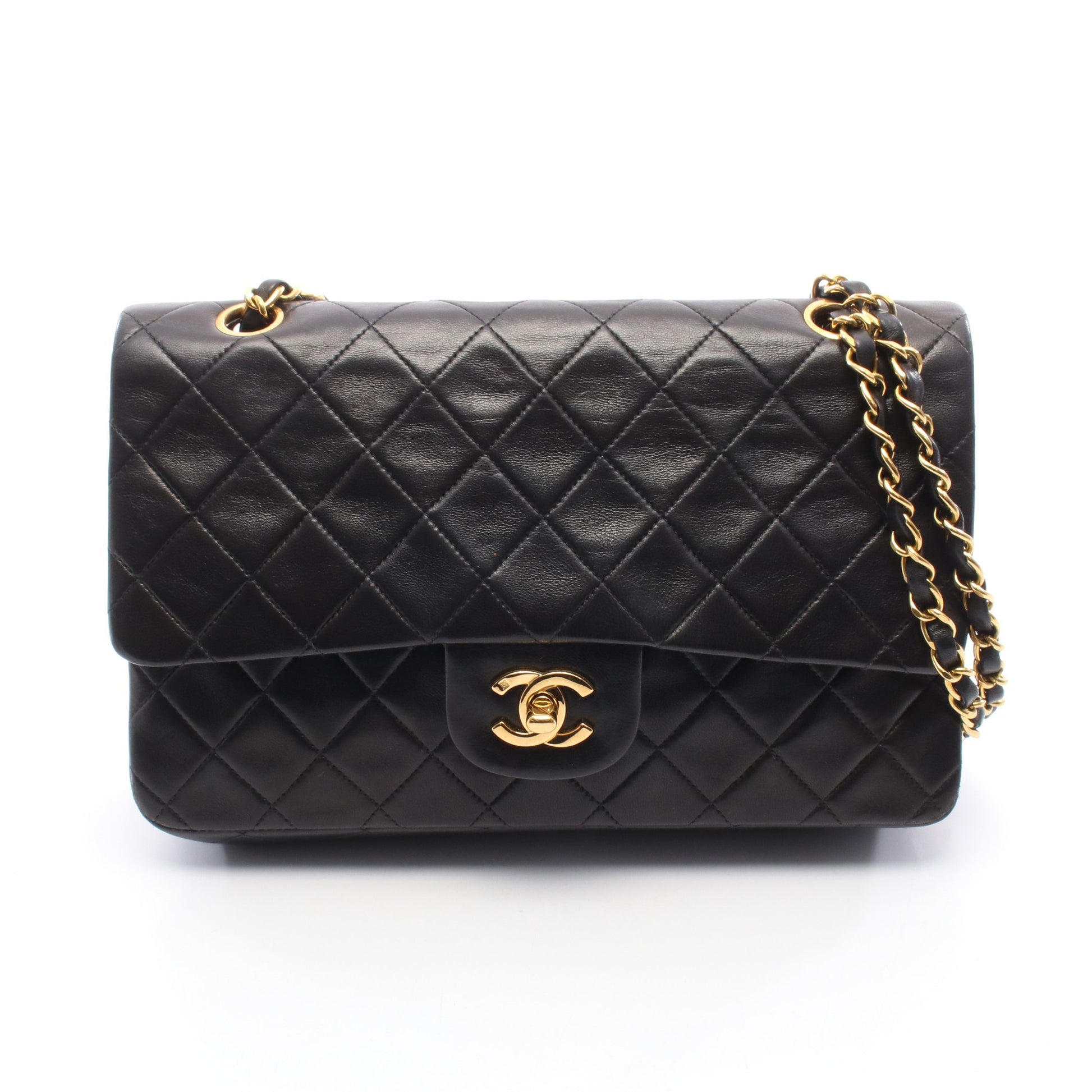 マトラッセ Wフラップ Wチェーンショルダーバッグ ラムスキン ブラック ゴールド金具 シャネル バッグ CHANEL