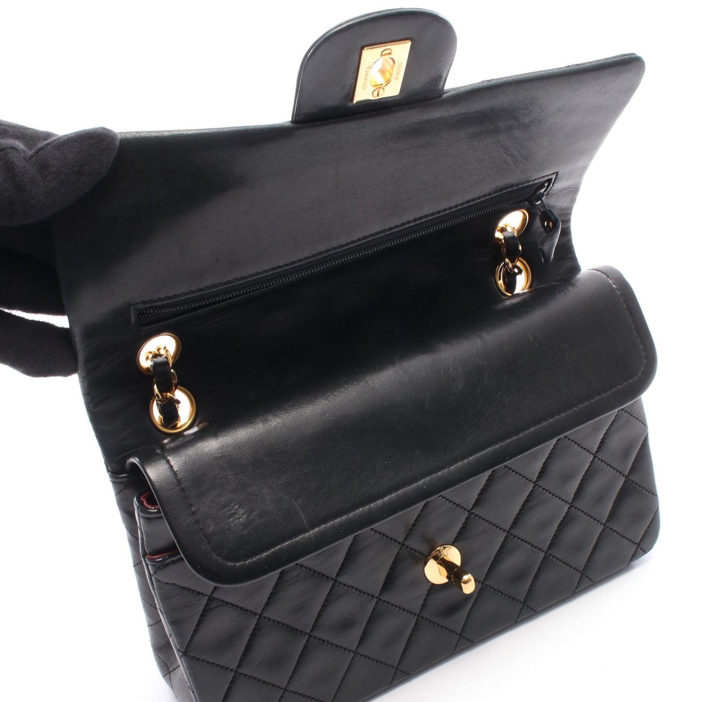 マトラッセ Wフラップ Wチェーンショルダーバッグ ラムスキン ブラック ゴールド金具 シャネル バッグ CHANEL