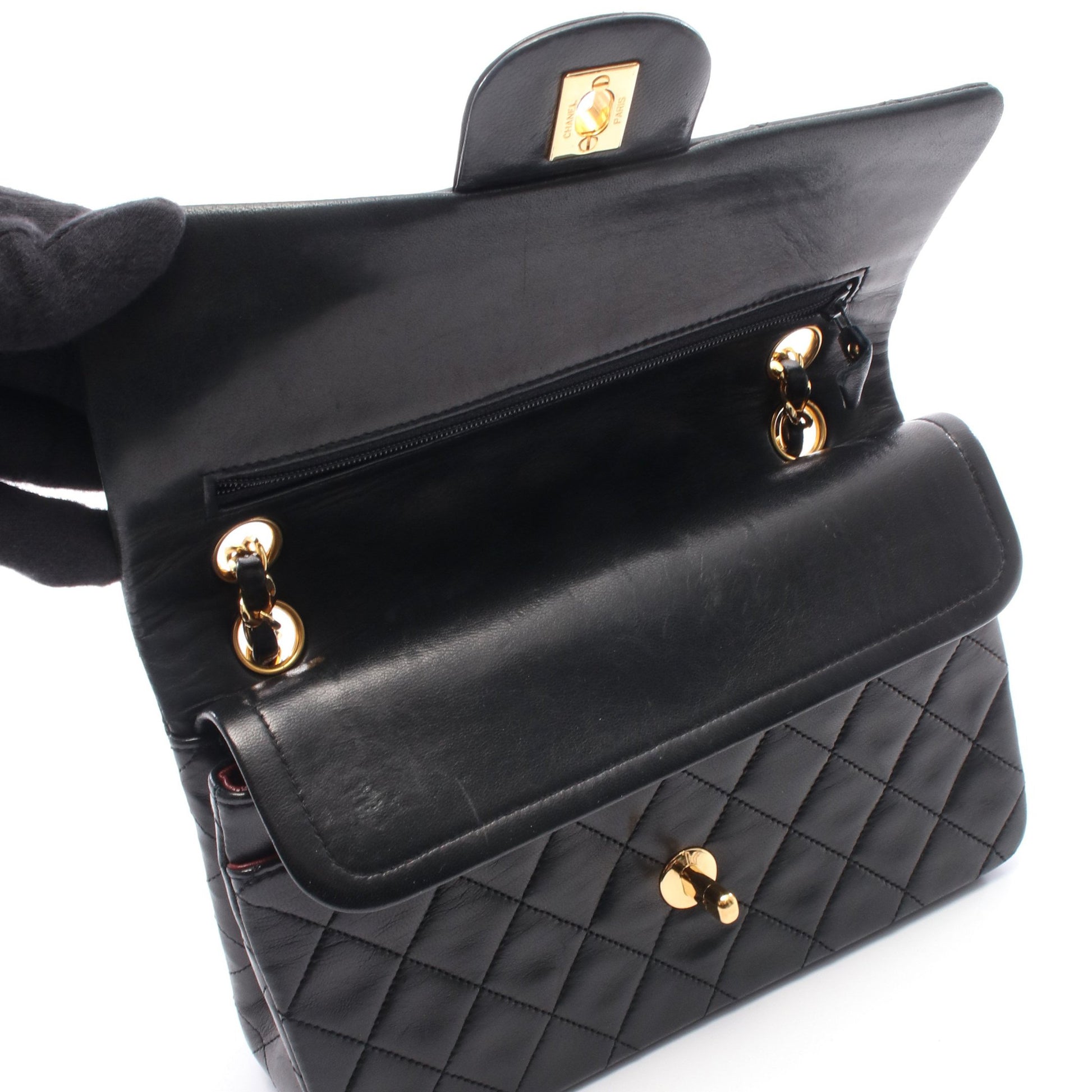 マトラッセ Wフラップ Wチェーンショルダーバッグ ラムスキン ブラック ゴールド金具 シャネル バッグ CHANEL