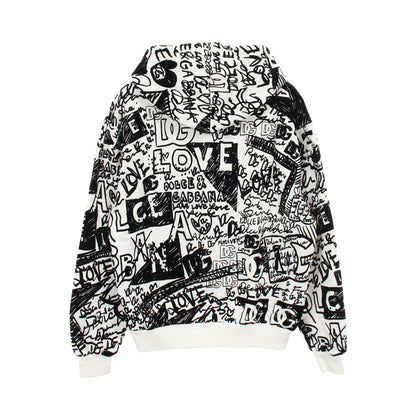 FLOCKED GRAFFITI PRINT Hoodie プルオーバーパーカー コットン ホワイト ブラック ドルチェアンドガッバーナ トップス DOLCE&GABBANA