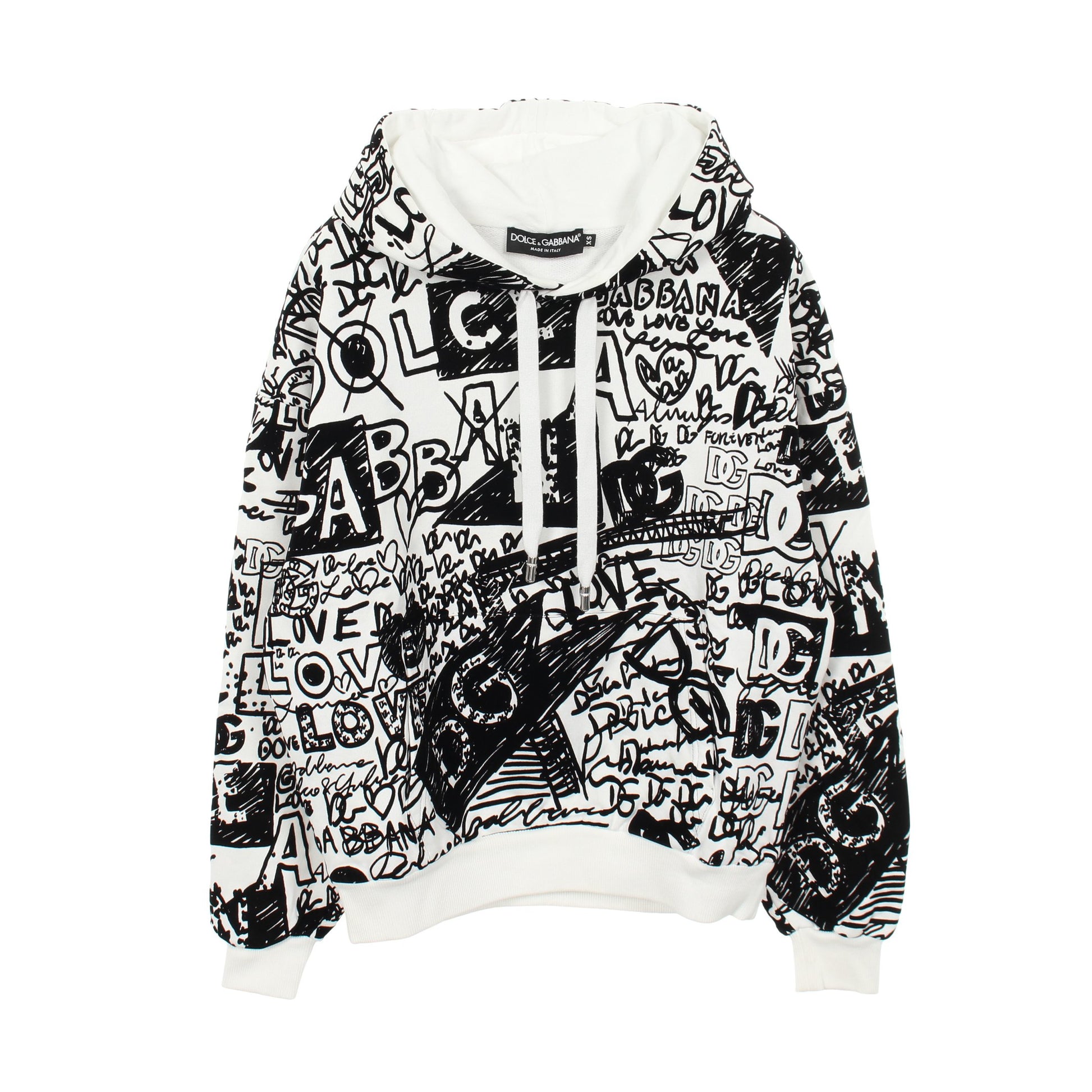FLOCKED GRAFFITI PRINT Hoodie プルオーバーパーカー コットン ホワイト ブラック ドルチェアンドガッバーナ トップス DOLCE&GABBANA