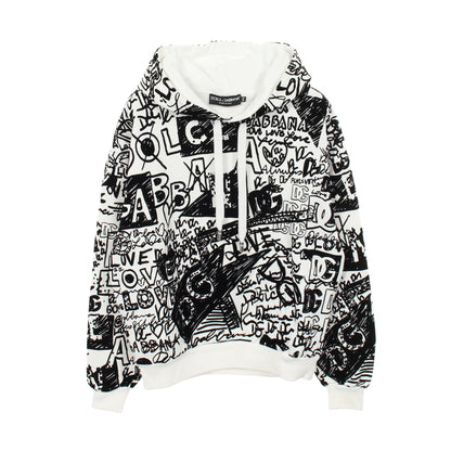 FLOCKED GRAFFITI PRINT Hoodie プルオーバーパーカー コットン ホワイト ブラック ドルチェアンドガッバーナ トップス DOLCE&GABBANA