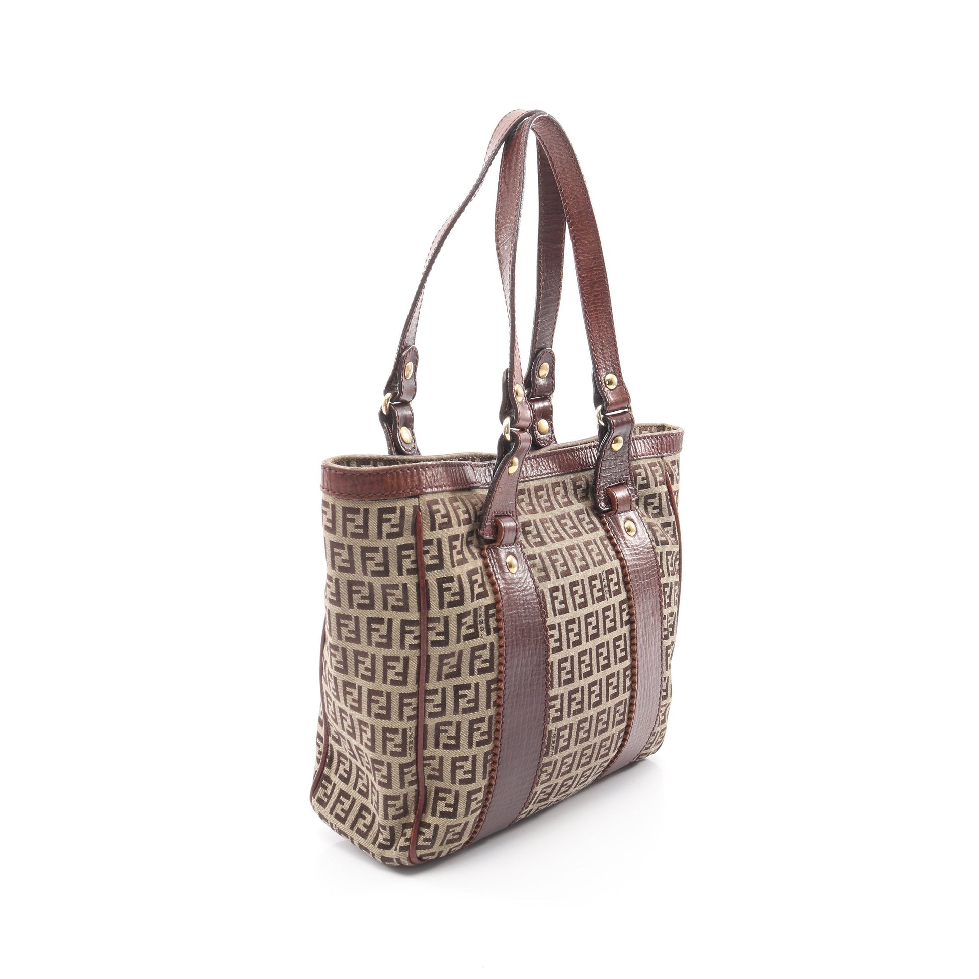 ズッキーノ ハンドバッグ トートバッグ キャンバス レザー ベージュ ダークブラウン フェンディ バッグ FENDI